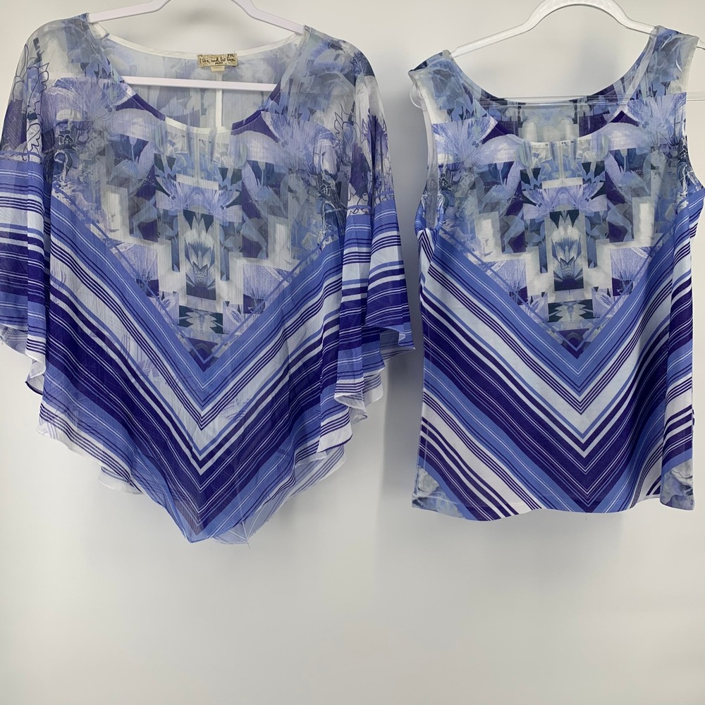 BOHO Layered Sheer Blue Chevron Blouse Tank Top Set Festival Plus Size PXL